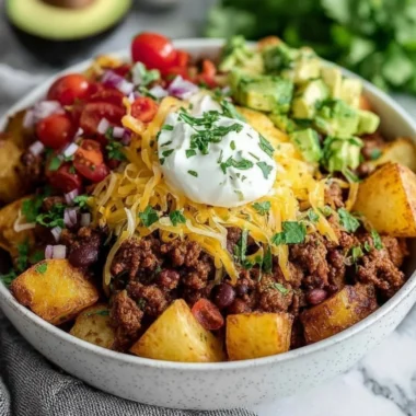 Delicious Loaded Potato Taco Bowl filled with toppings and flavors.