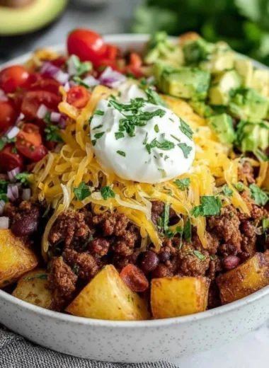 Delicious Loaded Potato Taco Bowl filled with toppings and flavors.