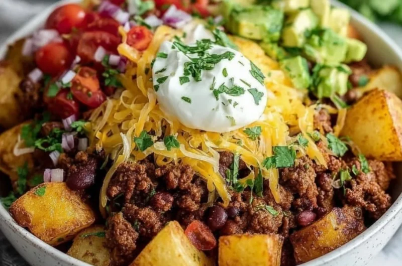 Delicious Loaded Potato Taco Bowl filled with toppings and flavors.