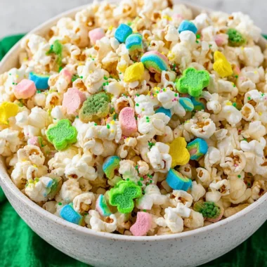Loaded St. Patrick's Day popcorn topped with green sprinkles and festive treats