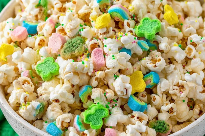 Loaded St. Patrick's Day popcorn topped with green sprinkles and festive treats