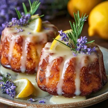 Mini lemon cakes drizzled with lavender glaze on a white plate