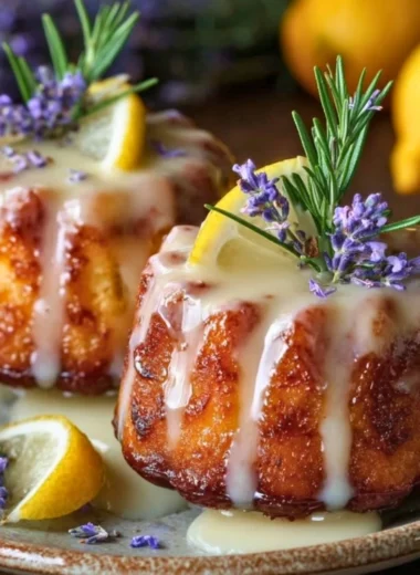 Mini lemon cakes drizzled with lavender glaze on a white plate