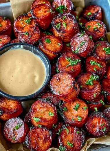 Mustard Hasselback Kielbasa Bites served on a platter with dipping sauce
