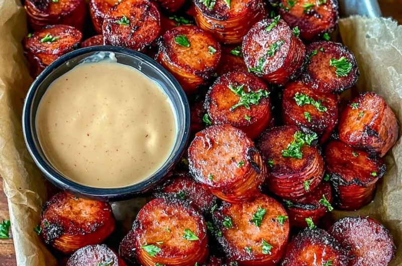 Mustard Hasselback Kielbasa Bites served on a platter with dipping sauce