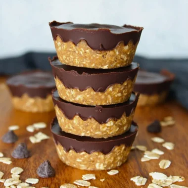 Delicious no bake peanut butter oat cups arranged on a plate