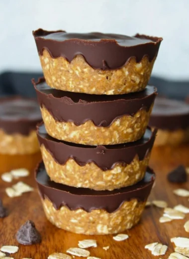 Delicious no bake peanut butter oat cups arranged on a plate