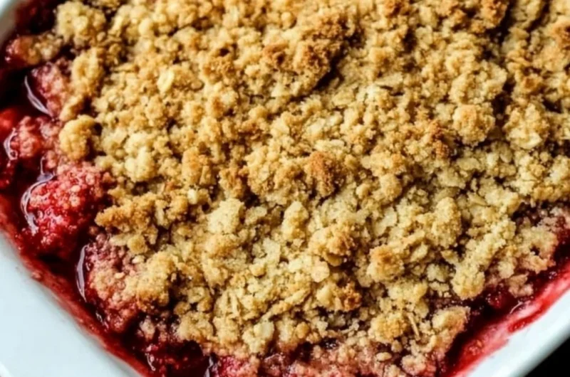 Old-Fashioned Strawberry Rhubarb Crisp with an oat topping in a rustic dish