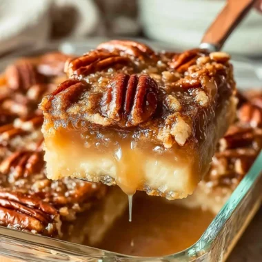 Delicious Pecan Pie Dump Cake served on a plate with pecans on top.
