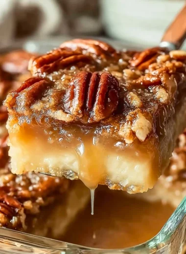 Delicious Pecan Pie Dump Cake served on a plate with pecans on top.
