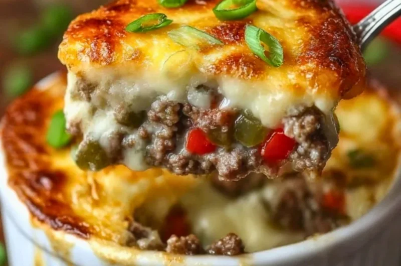 Delicious Philly cheesesteak casserole with melted cheese and peppers
