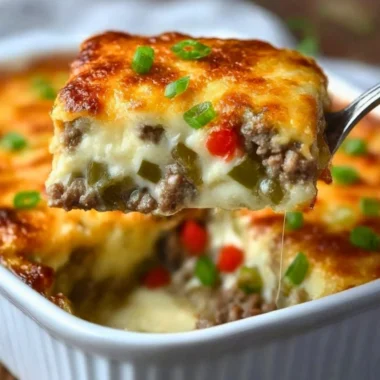 Delicious Philly Cheesesteak Casserole topped with melted cheese and peppers