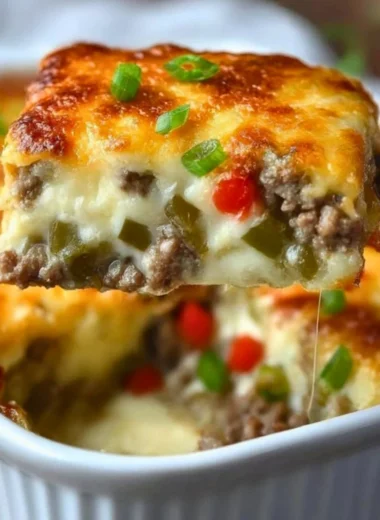 Delicious Philly Cheesesteak Casserole topped with melted cheese and peppers