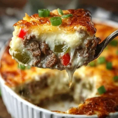 Delicious Philly Cheesesteak casserole topped with melty cheese and peppers.