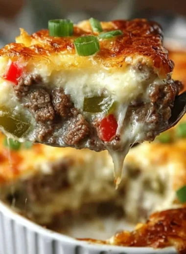 Delicious Philly Cheesesteak casserole topped with melty cheese and peppers.