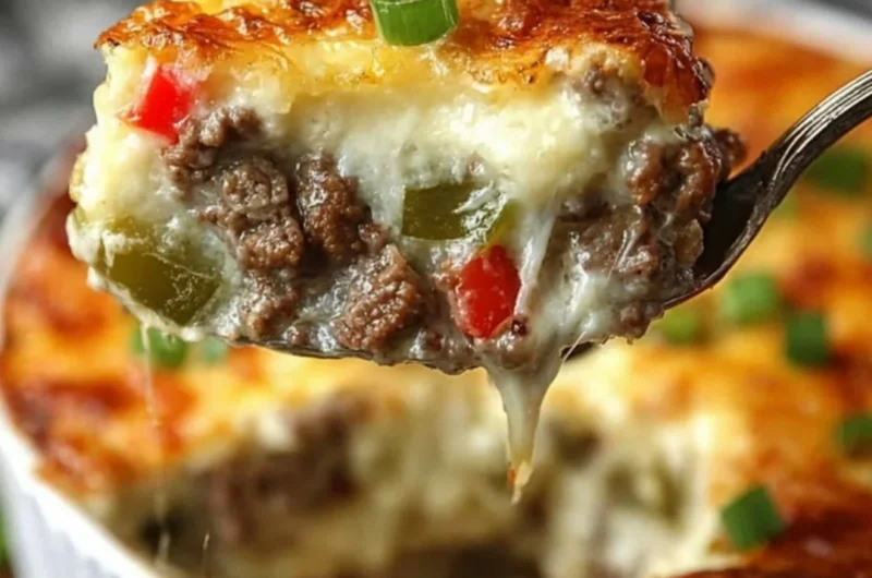 Delicious Philly Cheesesteak casserole topped with melty cheese and peppers.