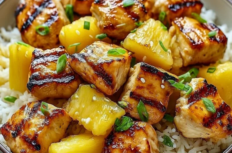 Delicious pineapple chicken served over fluffy rice garnished with fresh herbs.