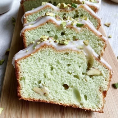Homemade pistachio pudding bread with a garnish of crushed pistachios