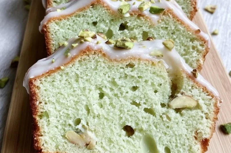 Homemade pistachio pudding bread with a garnish of crushed pistachios