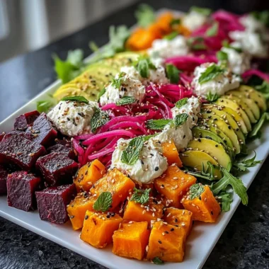 Roasted beet salad with sweet potato, avocado, whipped ricotta, and lemon-tahini drizzle