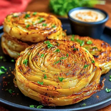 Delicious roasted cabbage steaks served on a plate