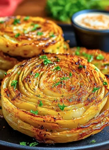 Delicious roasted cabbage steaks served on a plate