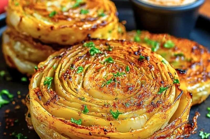 Delicious roasted cabbage steaks served on a plate
