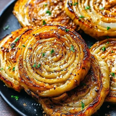 Plate of roasted cabbage steaks seasoned with herbs and spices