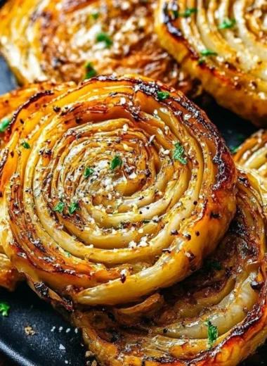 Plate of roasted cabbage steaks seasoned with herbs and spices
