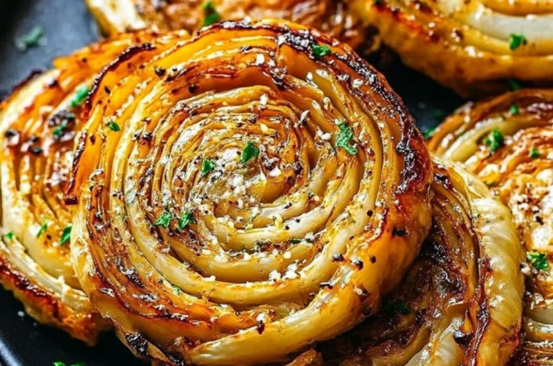 Plate of roasted cabbage steaks seasoned with herbs and spices
