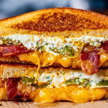 Roasted jalapeno popper grilled cheese sandwich topped with melted cheese.