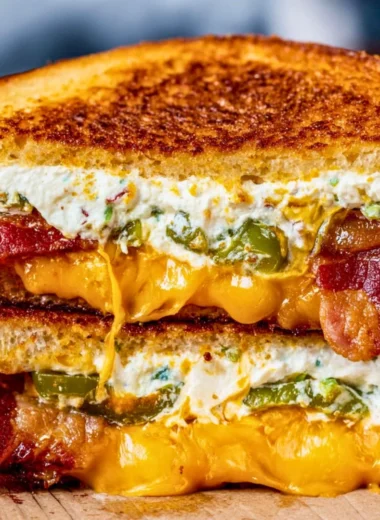 Roasted jalapeno popper grilled cheese sandwich topped with melted cheese.