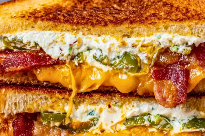 Roasted jalapeno popper grilled cheese sandwich topped with melted cheese.