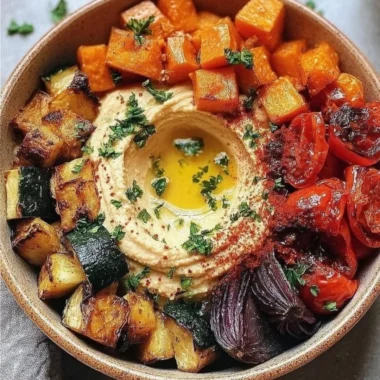 Delicious roasted veggie and hummus bowl with colorful vegetables