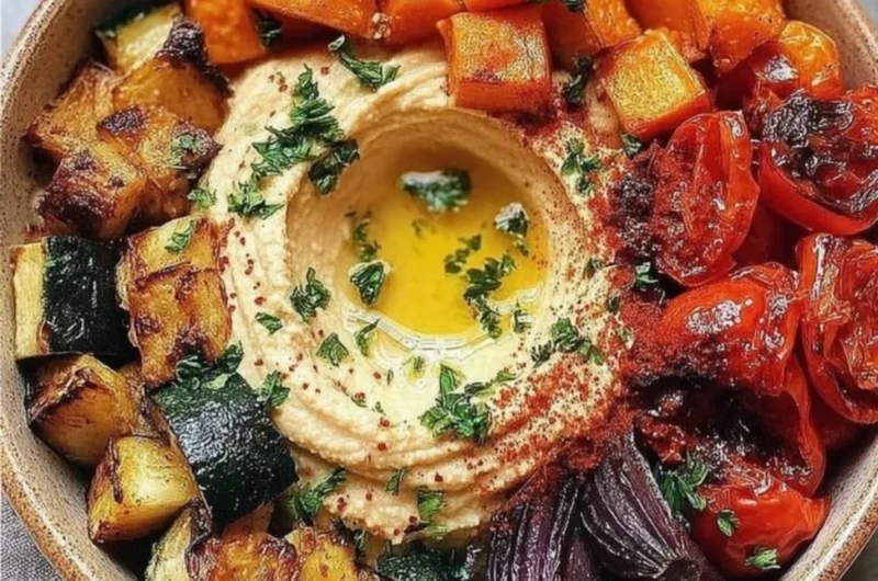 Delicious roasted veggie and hummus bowl with colorful vegetables