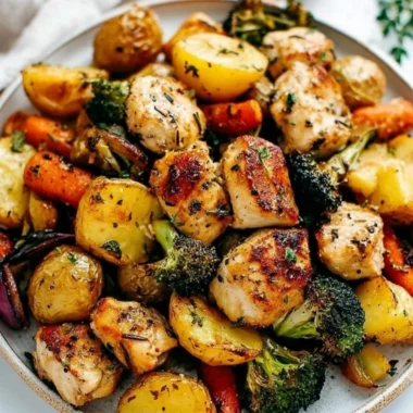 Sheet pan featuring lemon herb chicken with colorful roasted vegetables