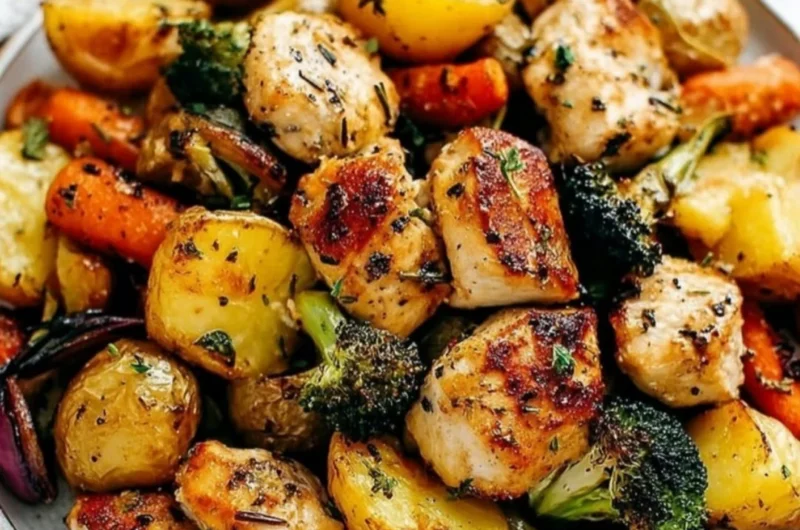 Sheet pan featuring lemon herb chicken with colorful roasted vegetables