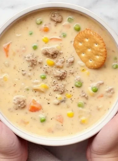 Delicious Shepherd's Pie Soup in a bowl, garnished with fresh herbs.