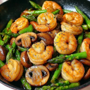 Delicious shrimp stir-fry with asparagus and mushrooms served in a bowl