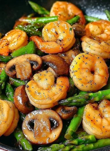 Delicious shrimp stir-fry with asparagus and mushrooms served in a bowl