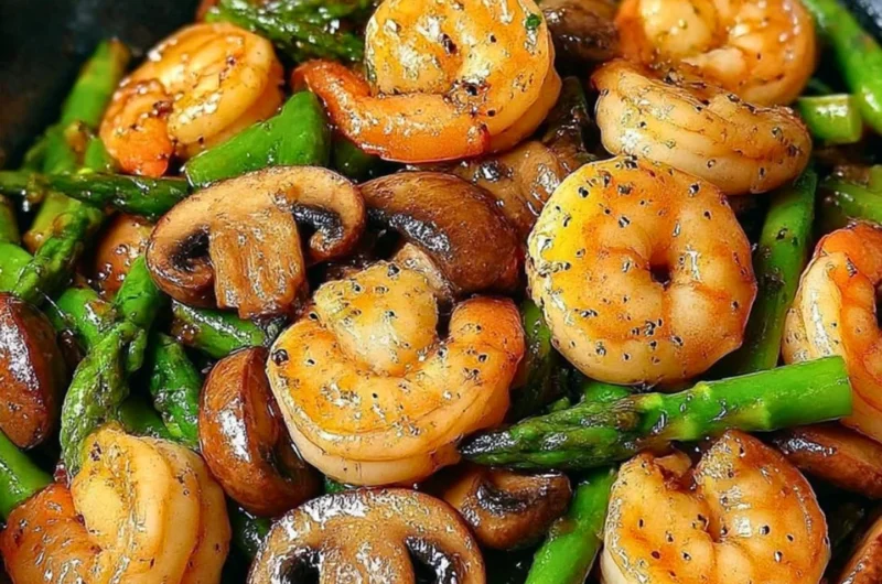 Delicious shrimp stir-fry with asparagus and mushrooms served in a bowl