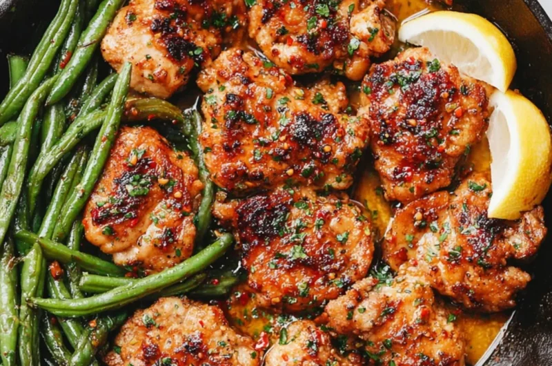 Skillet Garlic Butter Chicken with green beans served in a skillet.