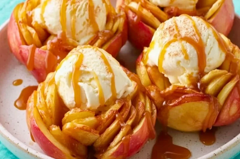 Slow cooker bloomin' baked apples topped with cinnamon and caramel sauce