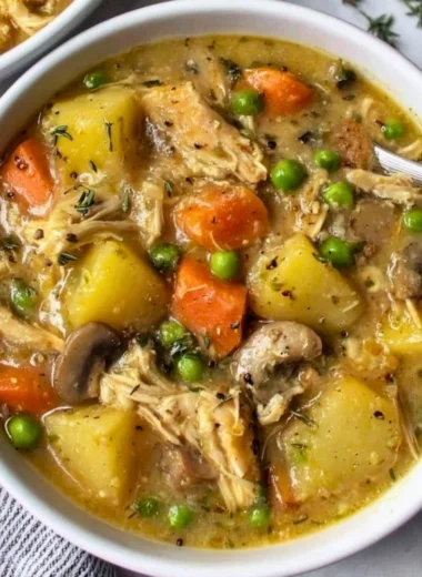 Slow cooker chicken stew with vegetables and herbs in a cozy bowl