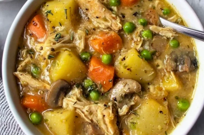 Slow cooker chicken stew with vegetables and herbs in a cozy bowl