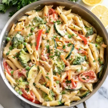 Colorful spring pasta dish with fresh vegetables and herbs in a bowl