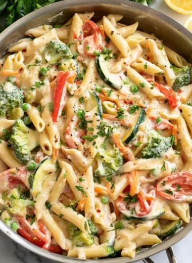 Colorful spring pasta dish with fresh vegetables and herbs in a bowl