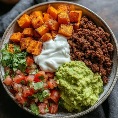 Colorful sweet potato taco bowl with fresh toppings and vibrant ingredients