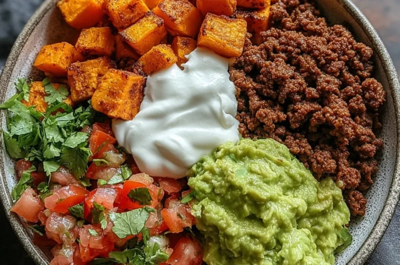Colorful sweet potato taco bowl with fresh toppings and vibrant ingredients