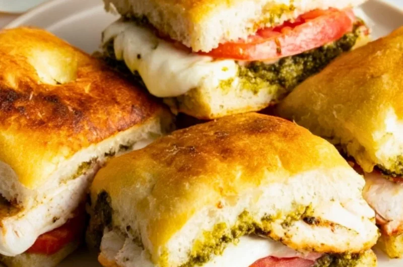 Toasted chicken pesto sandwich with juicy chicken and fresh basil pesto